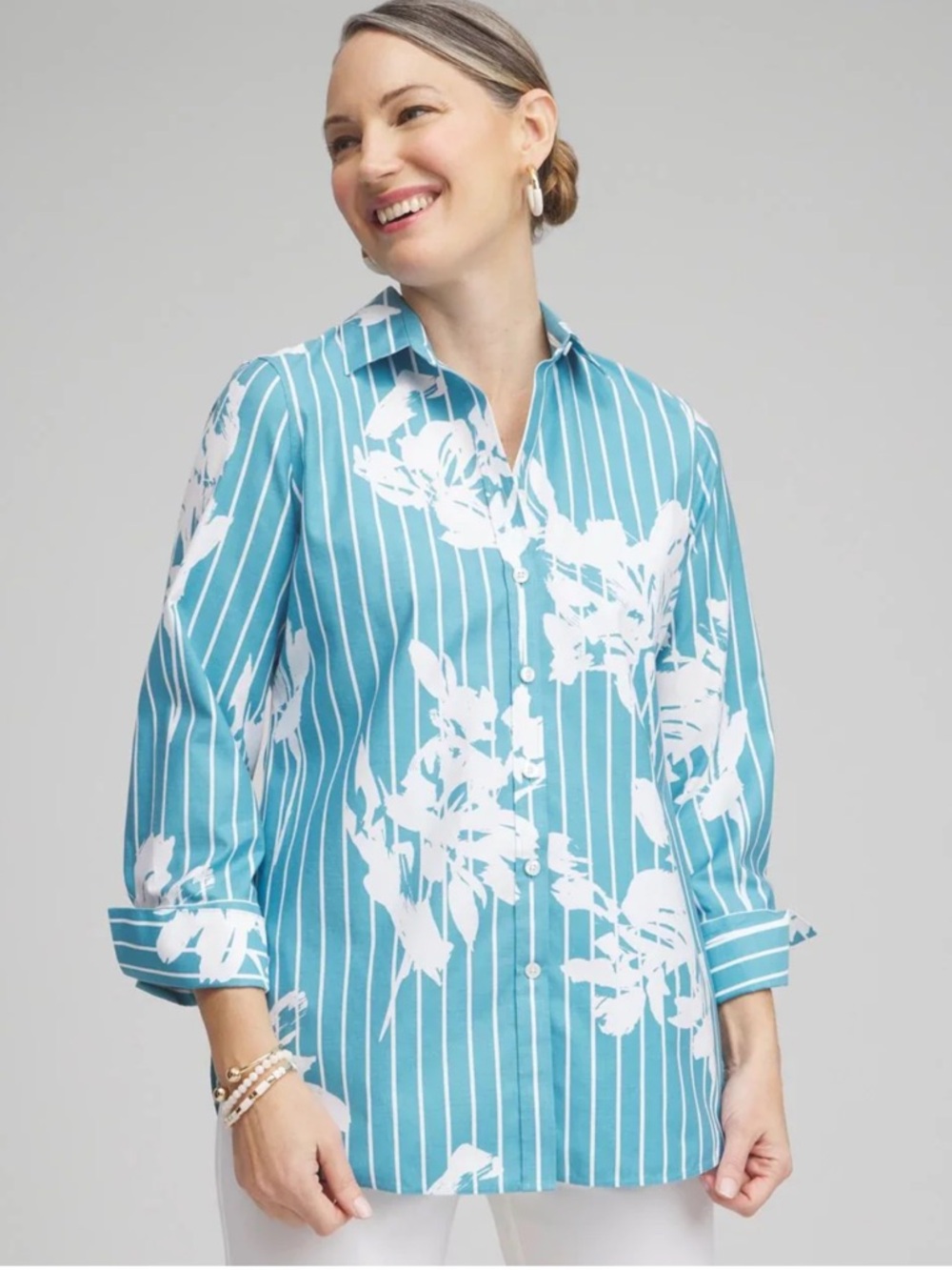 Chico's Teal Striped Floral Button-Front Shirt Tropical Resort wear